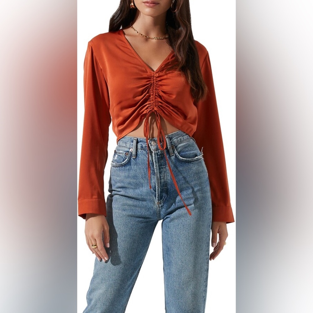 ASTR the Label Astr V-Neck Long Sleeve Cinched Front Crop Top